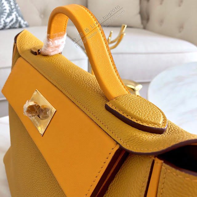 Hermes包包 愛馬仕Hermes Kelly2424 琥珀黃/金扣 togo小牛皮 半手工制 Hermes休閒女款手提包  am1931